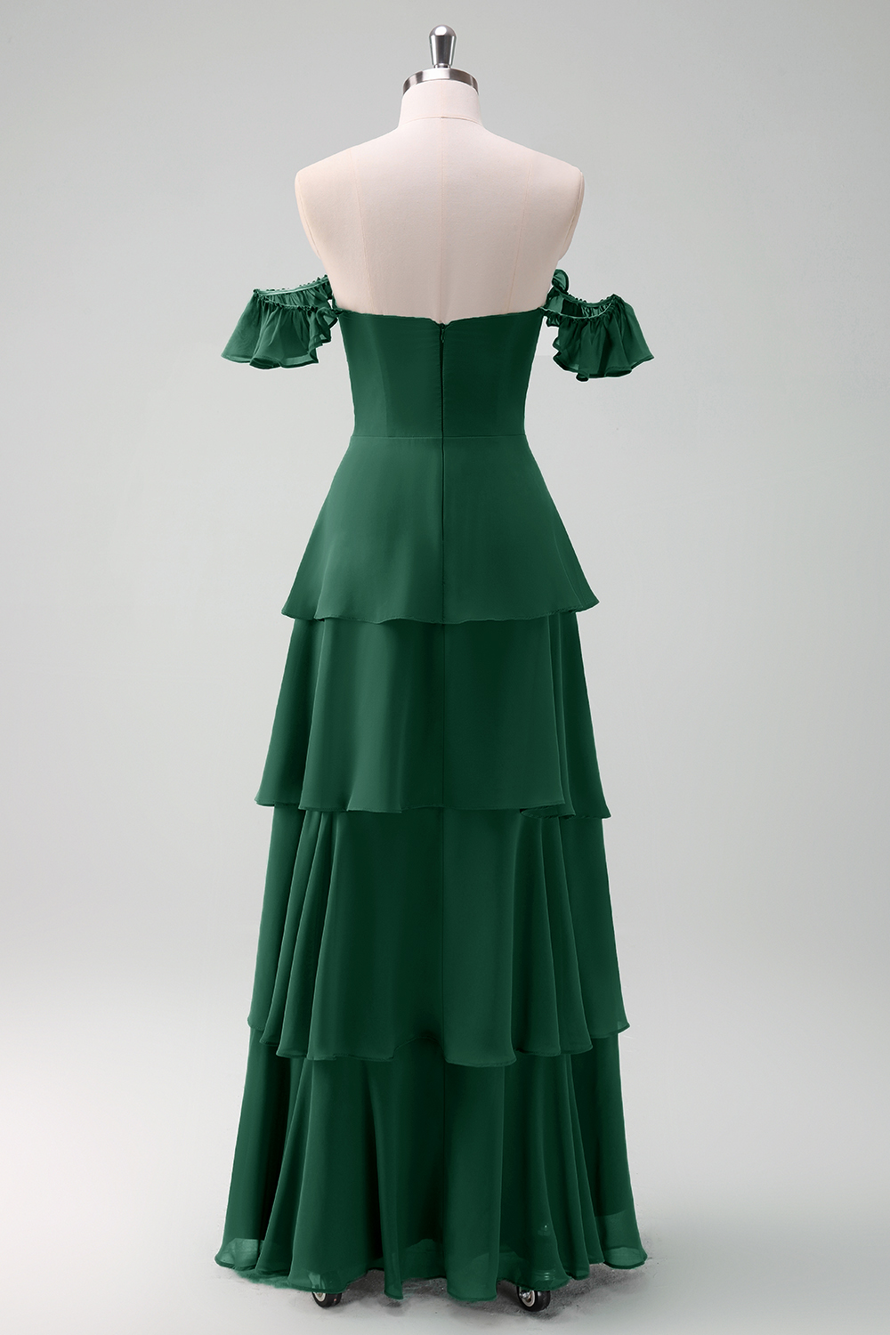 Eucalyptus Off the Shoulder Tiered Chiffon Bridesmaid Dress