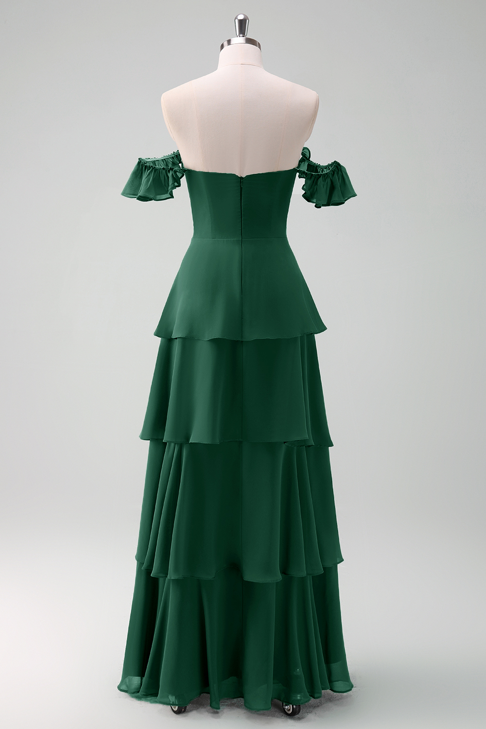 Eucalyptus Off the Shoulder Tiered Chiffon Bridesmaid Dress