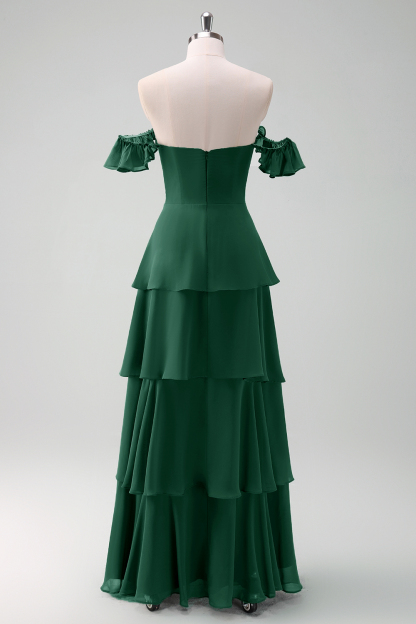 Eucalyptus Off the Shoulder Tiered Chiffon Bridesmaid Dress