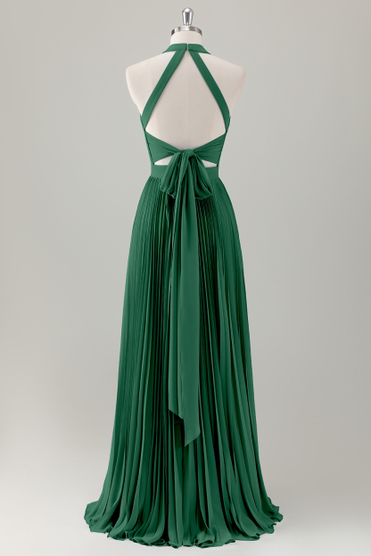 Grey Blue A-Line Halter Long Bridesmaid Dress with Slit