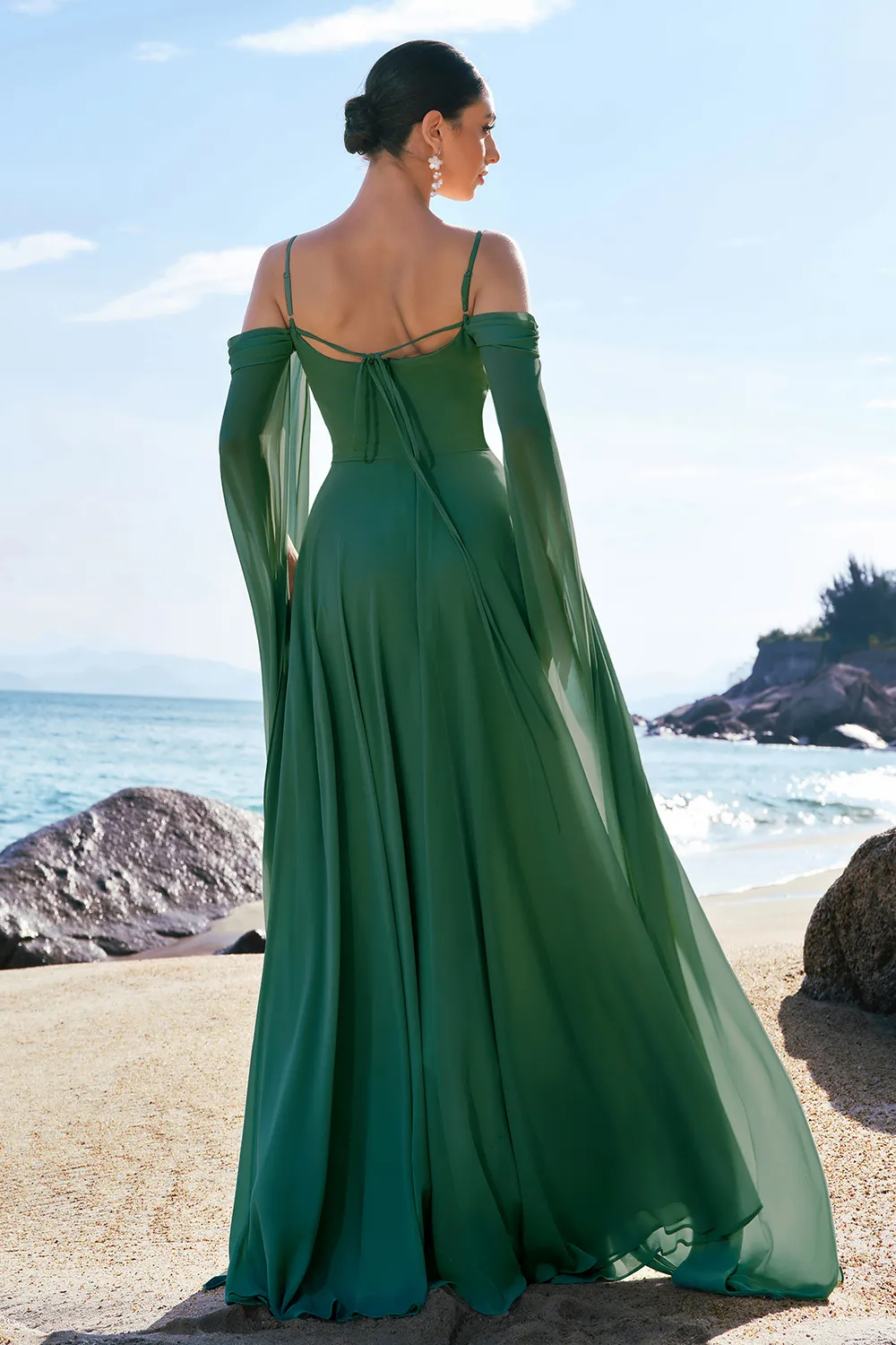 Light Green Cold Shoulder A-Line Chiffon Watteau Train Bridesmaid Dress