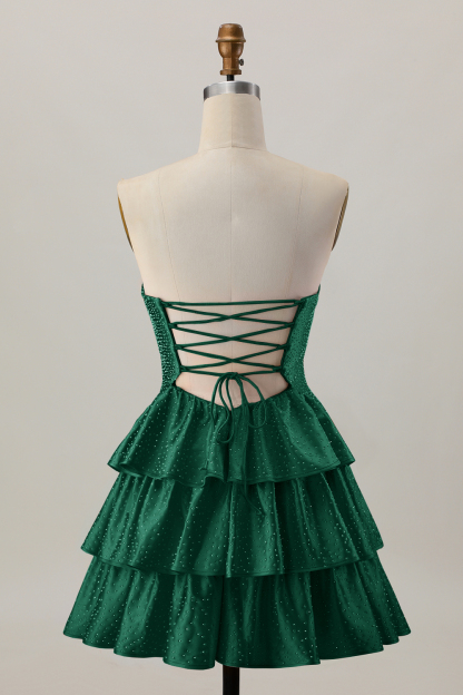 Sparkly Orange Strapless Tiered Keyhole Short Homecoming Dress with Ruffles