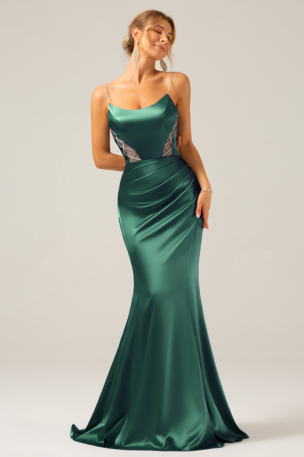 Grey Blue Mermaid Satin Spaghetti Straps Long Bridesmaid Dress