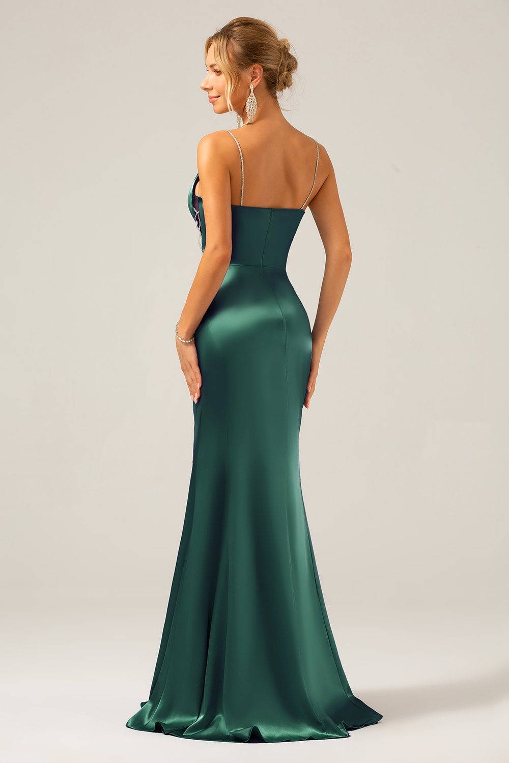Grey Blue Mermaid Satin Spaghetti Straps Long Bridesmaid Dress