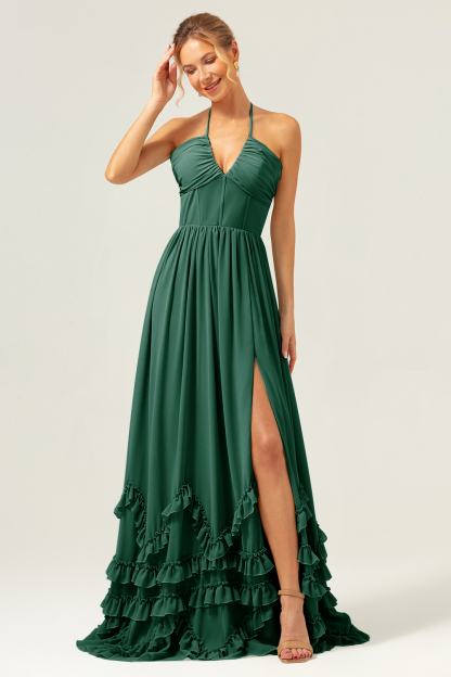 Dusty Sage Halter Corset Ruffled Chiffon Bridesmaid Dress with Slit