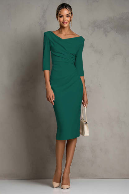 Plus Size Simple Black Ruched Midi Pencil Work Dress with Slit