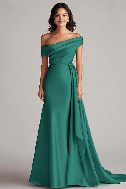 Champagne Satin Mermaid Sweep Train Formal Dress with Side Cape