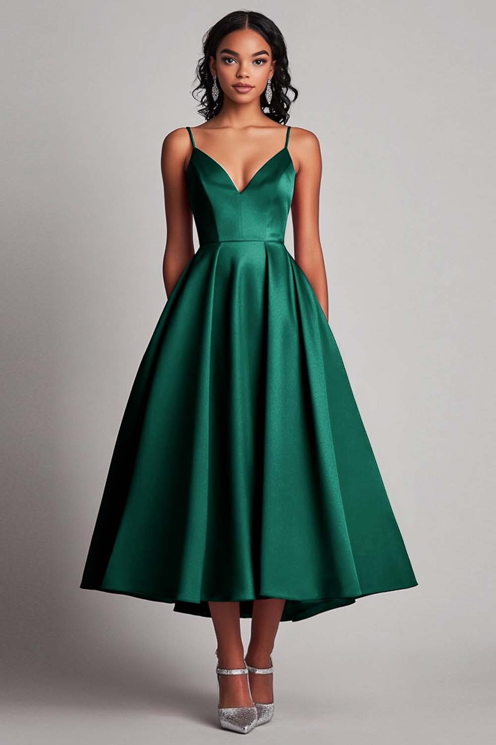 Red Satin A-Line Spaghetti Straps Tea Length Formal Dress