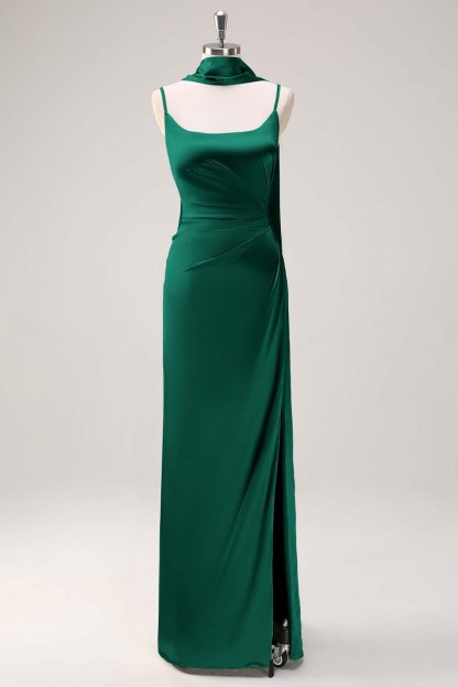 Sage Scoop Neck Sheath Satin Bridesmaid Dress with Ribbon