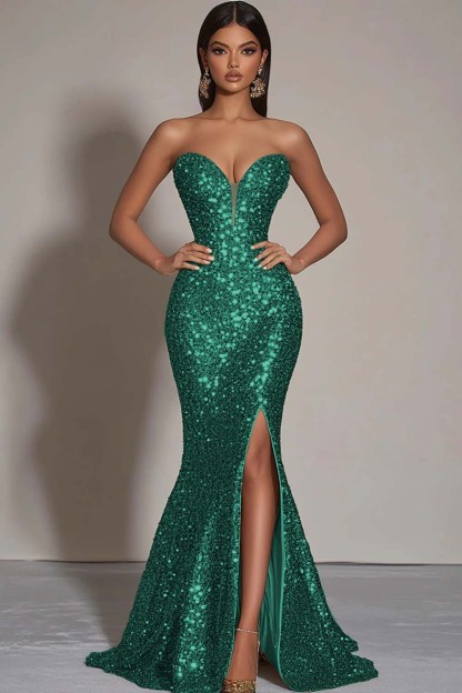Sparkly Strapless Gold Mermaid Sequined Formal Dress with Slit