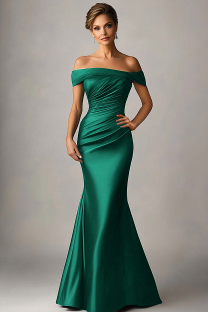 Peacock Blue Off the Shoulder Mermaid Satin Ruched Formal Dress
