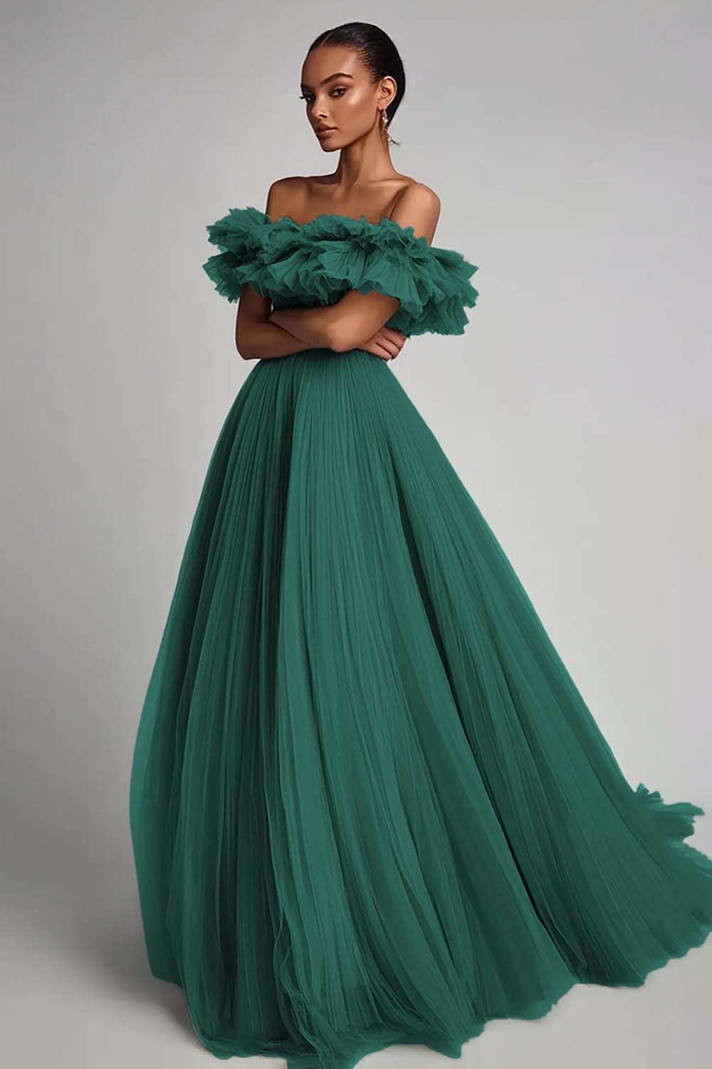 Dusty Sage Pleated Tulle A Line Long Formal Dress with Ruffles