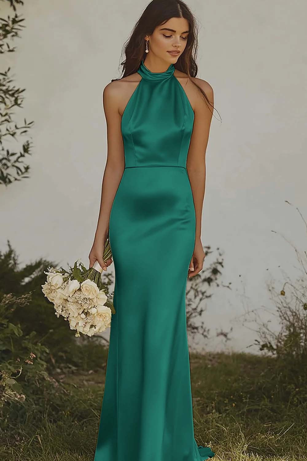 Elegant Light Yellow Sheath Halter Long Satin Bridesmaid Dress