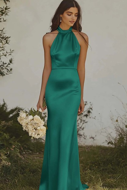 Elegant Light Yellow Sheath Halter Long Satin Bridesmaid Dress