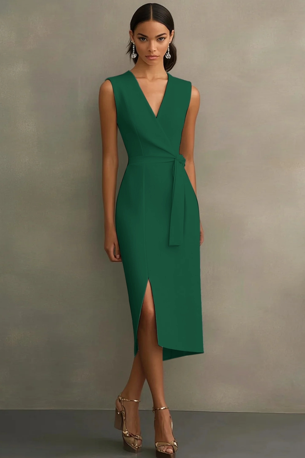 White Sheath V-Neck Tea Length Semi Formal Dress with Sash