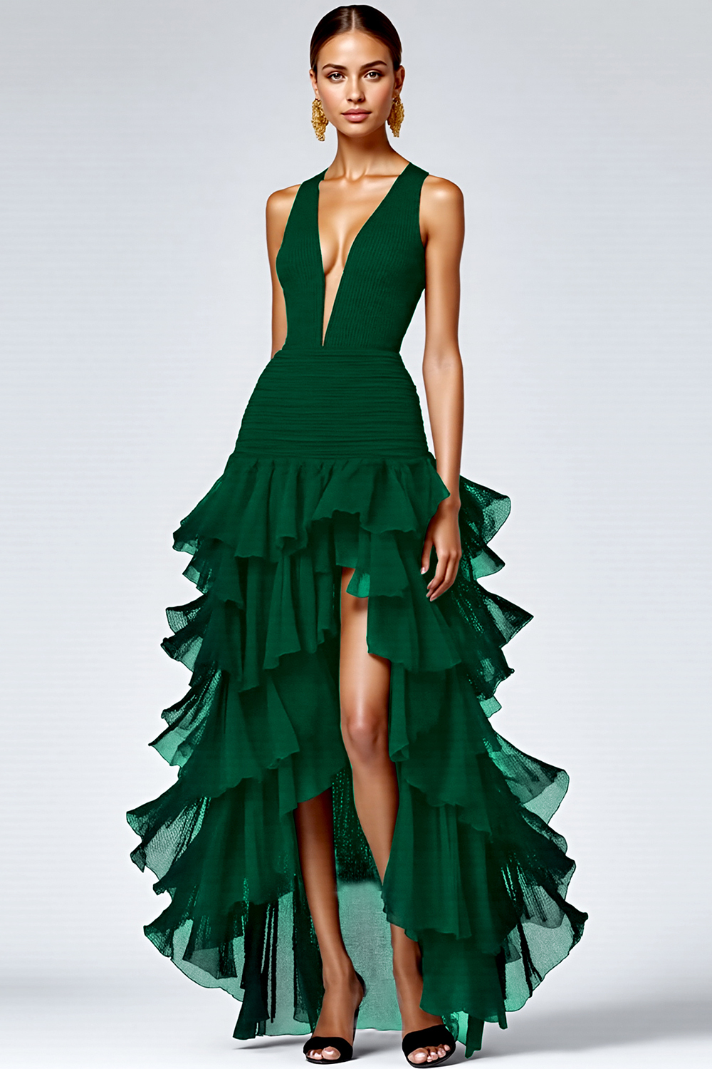 Leely Women Ruffled Maxi A Line Formal Dress Tiered Deep V-Neck Sleeveless Black Tie Dress