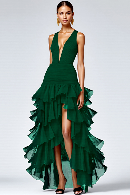 Leely Women Ruffled Maxi A Line Formal Dress Tiered Deep V-Neck Sleeveless Black Tie Dress
