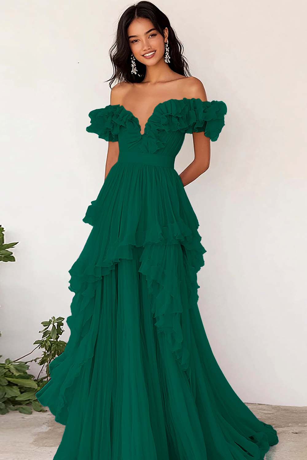 Lilac Chiffon Off the Shoulder A Line Long Prom Dress with Ruffles