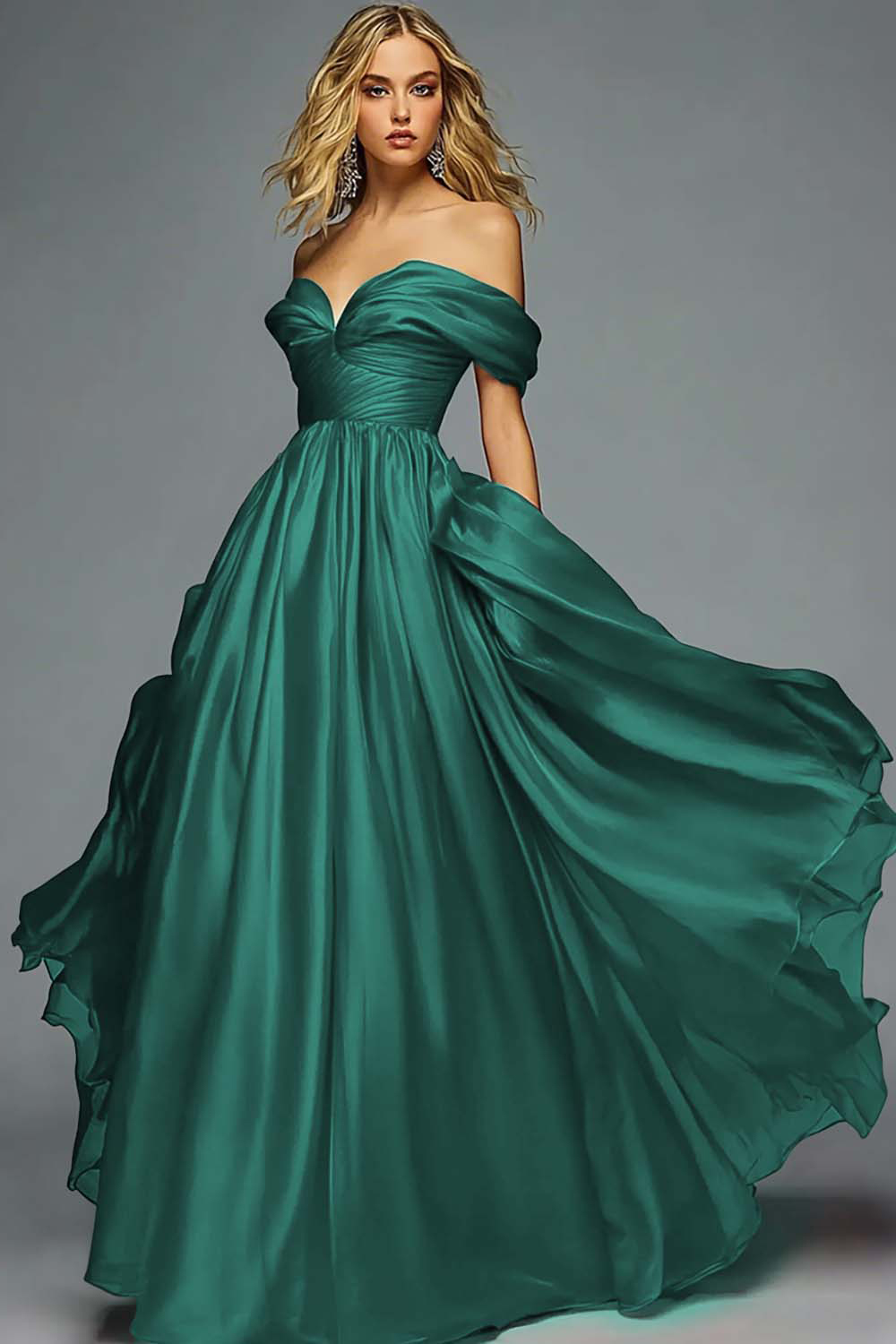 Red Satin A Line Off the Shoulder Ruched Long Prom Dress