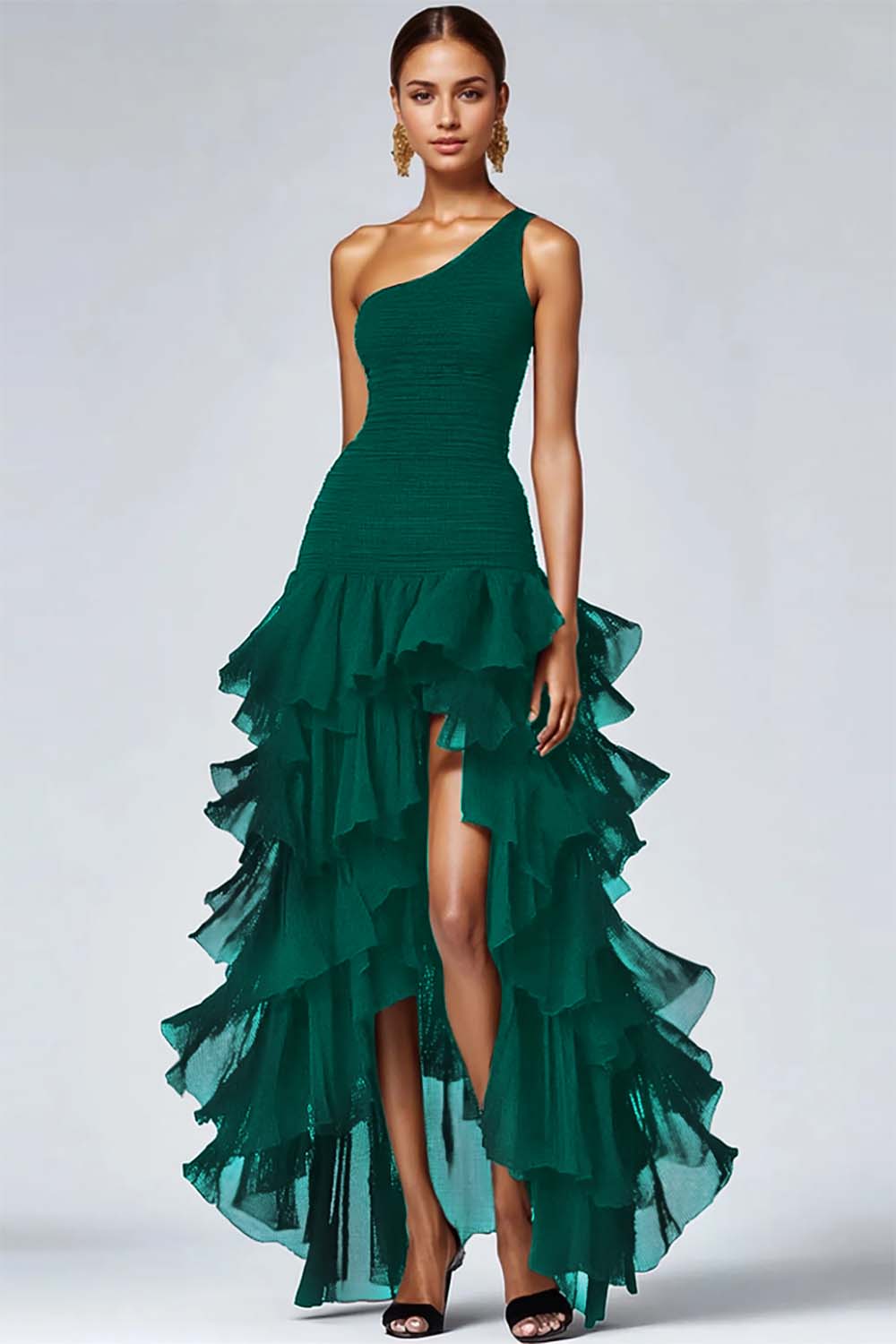 Leely Women Black High Low A Line Formal Dress with Ruffles One Shoulder Black Tie Dress