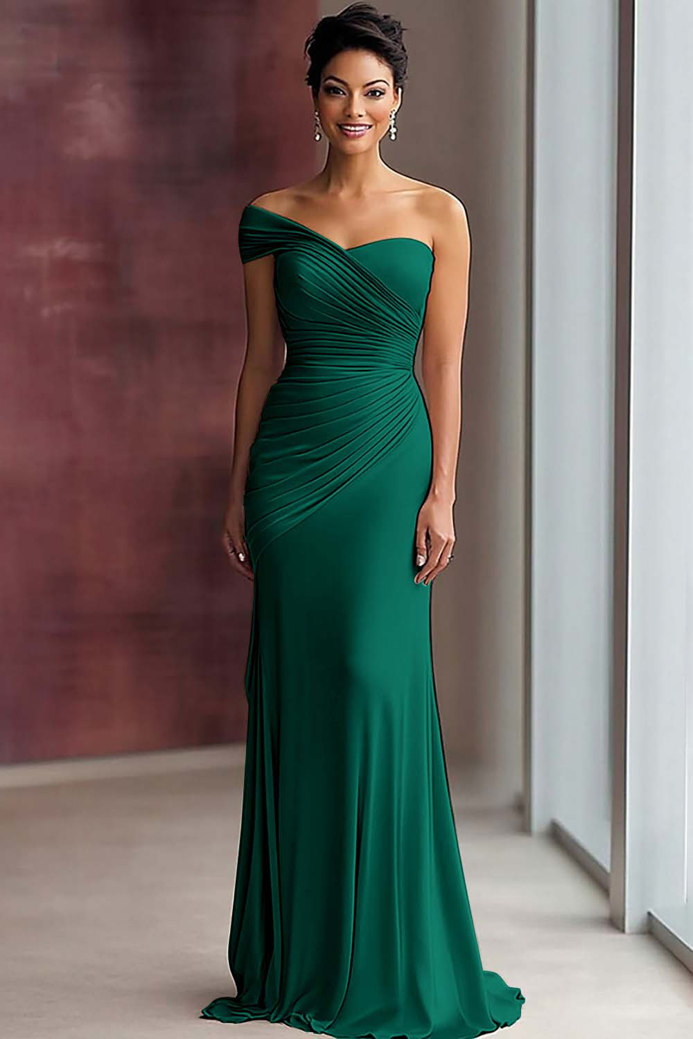 Light Khaki One Shoulder Sheath Ruched Gala Dress