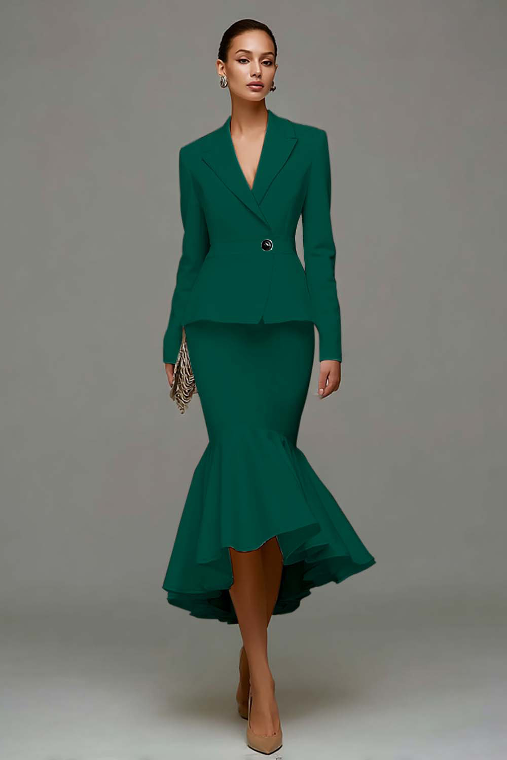 Ivory Satin Notched Lapel 2 Piece Mermaid Midi Business Suits with Ruffles