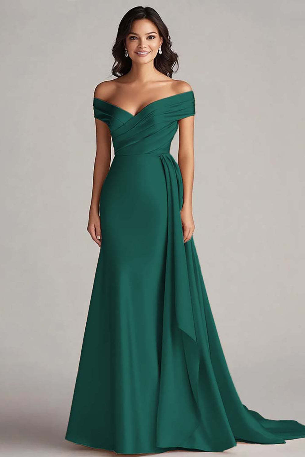 Champagne Off the Shoulder Mermaid Satin Maxi Formal Dress with Drape