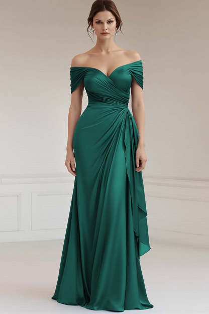 Maxi Grey Blue Off the Shoulder Sheath Ruched Satin Formal Dress