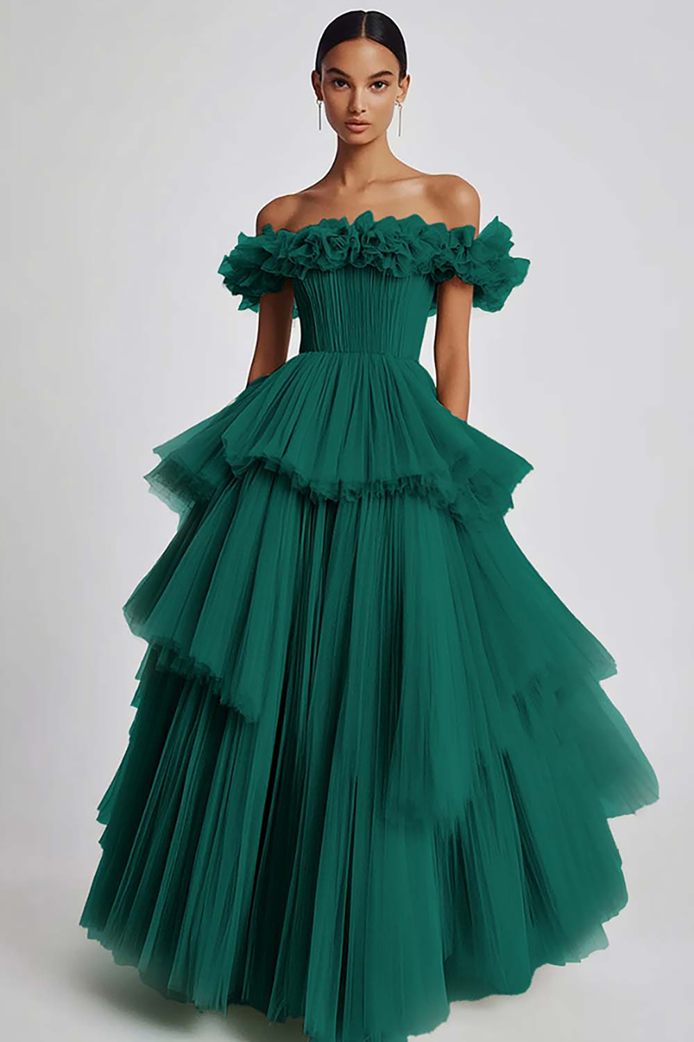 Dusty Sage Ball Gown Tulle Tiered Long Formal Dress with Ruffles