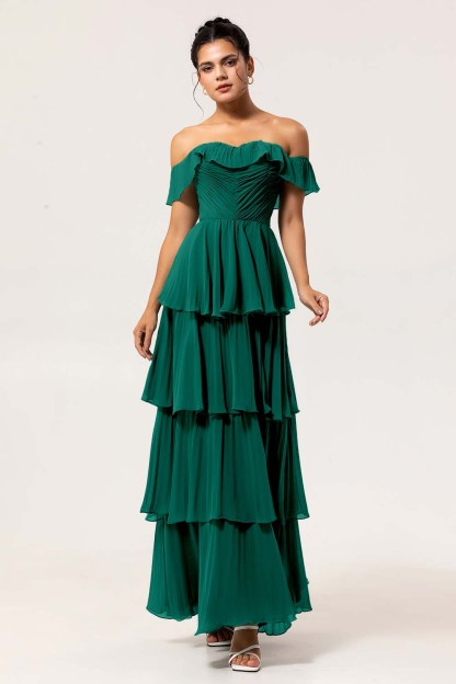 Eucalyptus Tiered Off the Shoulder Maxi Bridesmaid Dress