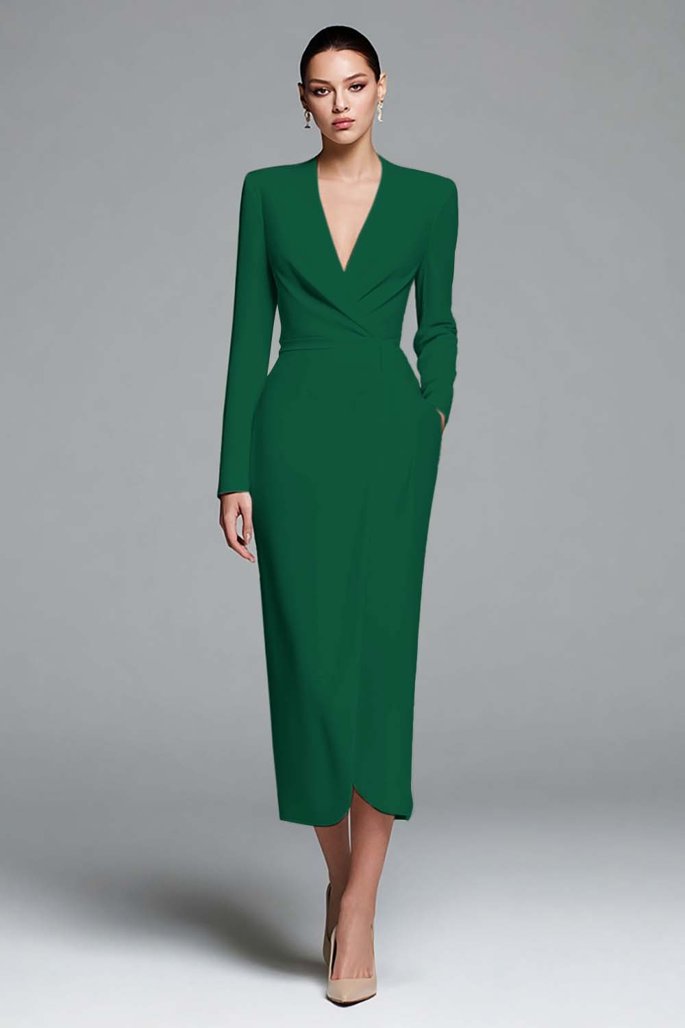 Simple Ivory Satin Sheath V-Neck Long Sleeves Work Dress