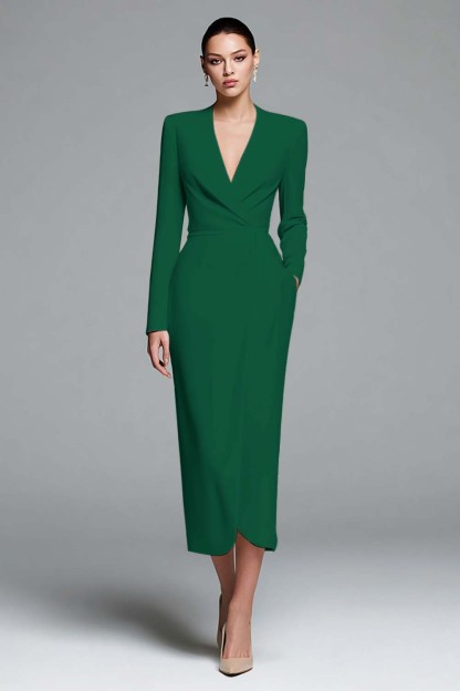 Simple Ivory Satin Sheath V-Neck Long Sleeves Work Dress