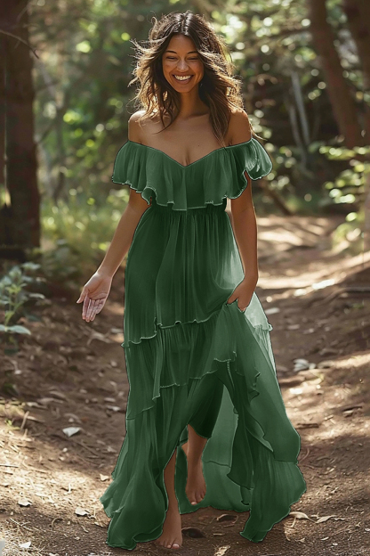 White Chiffon Ruffled Off the Shoulder Boho Maxi Wedding Dress