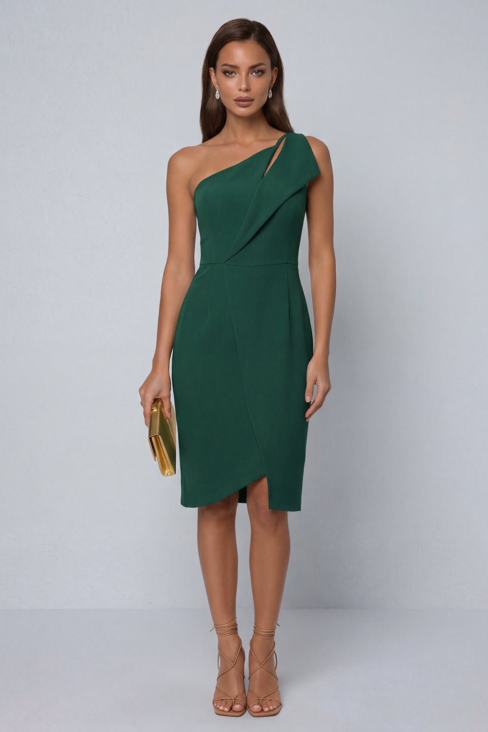 Leely Women Black Sheath Midi Work Dress with Slit One Shoulder Sleeveless Backless Formal Dress