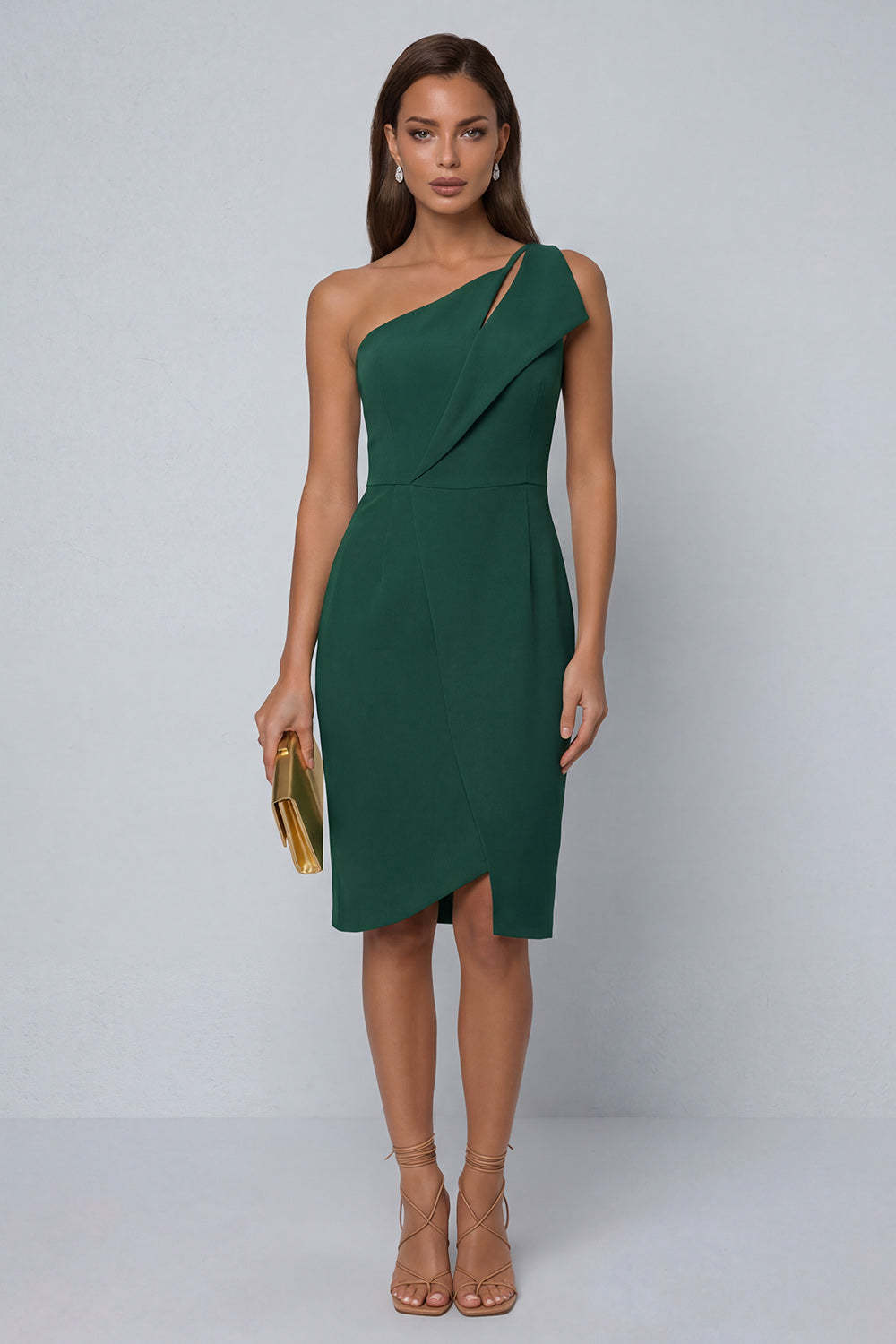 Leely Women Black Sheath Midi Work Dress with Slit One Shoulder Sleeveless Backless Formal Dress