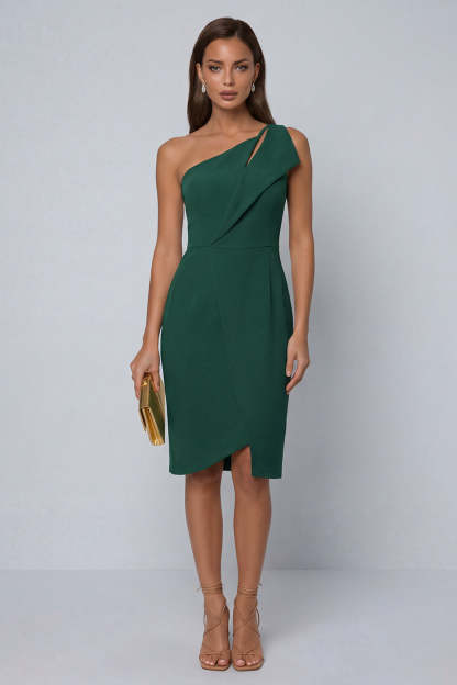 Leely Women Black Sheath Midi Work Dress with Slit One Shoulder Sleeveless Backless Formal Dress