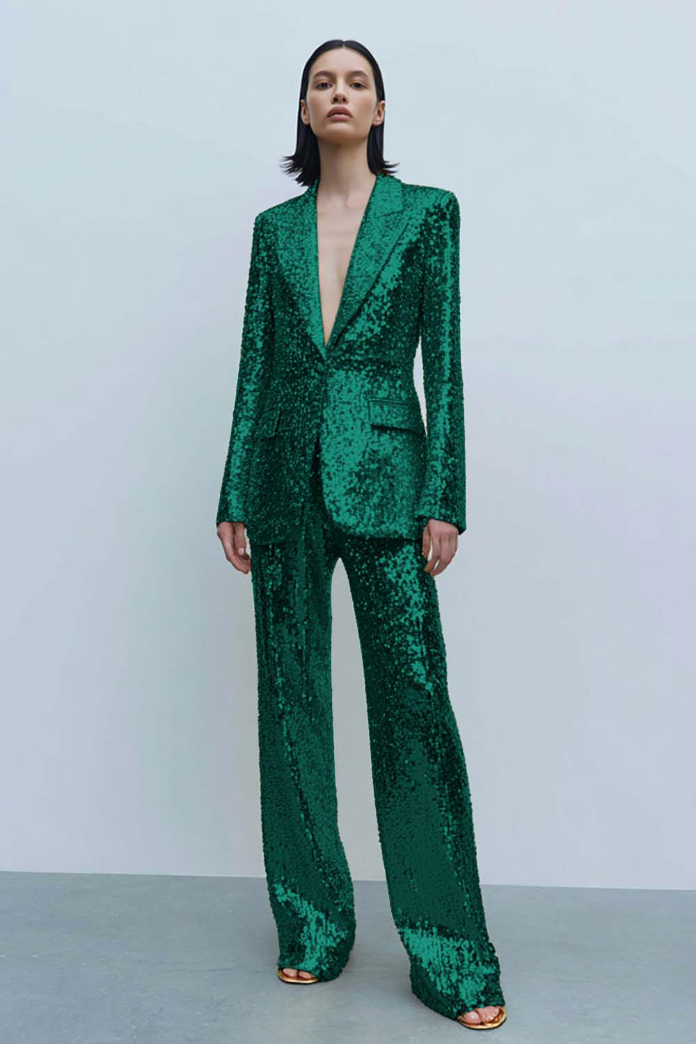 Sparkly Gold 2 Piece Sequined Women Prom Party Suits with Pockets