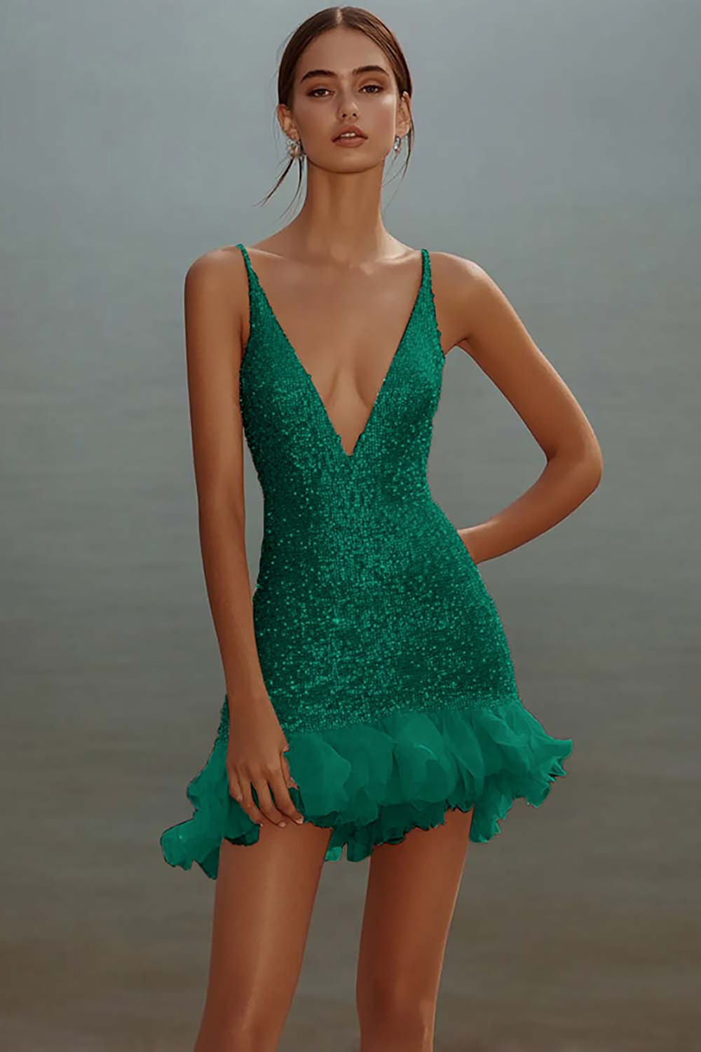 Sparkly White Bodycon Sequined V-Neck Mini Graduation Dress