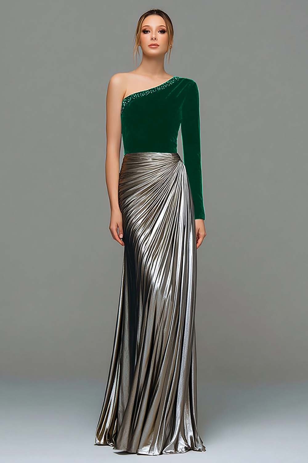 Metallic Black and Grey One Shoulder Velvet Long Holiday Party Dress