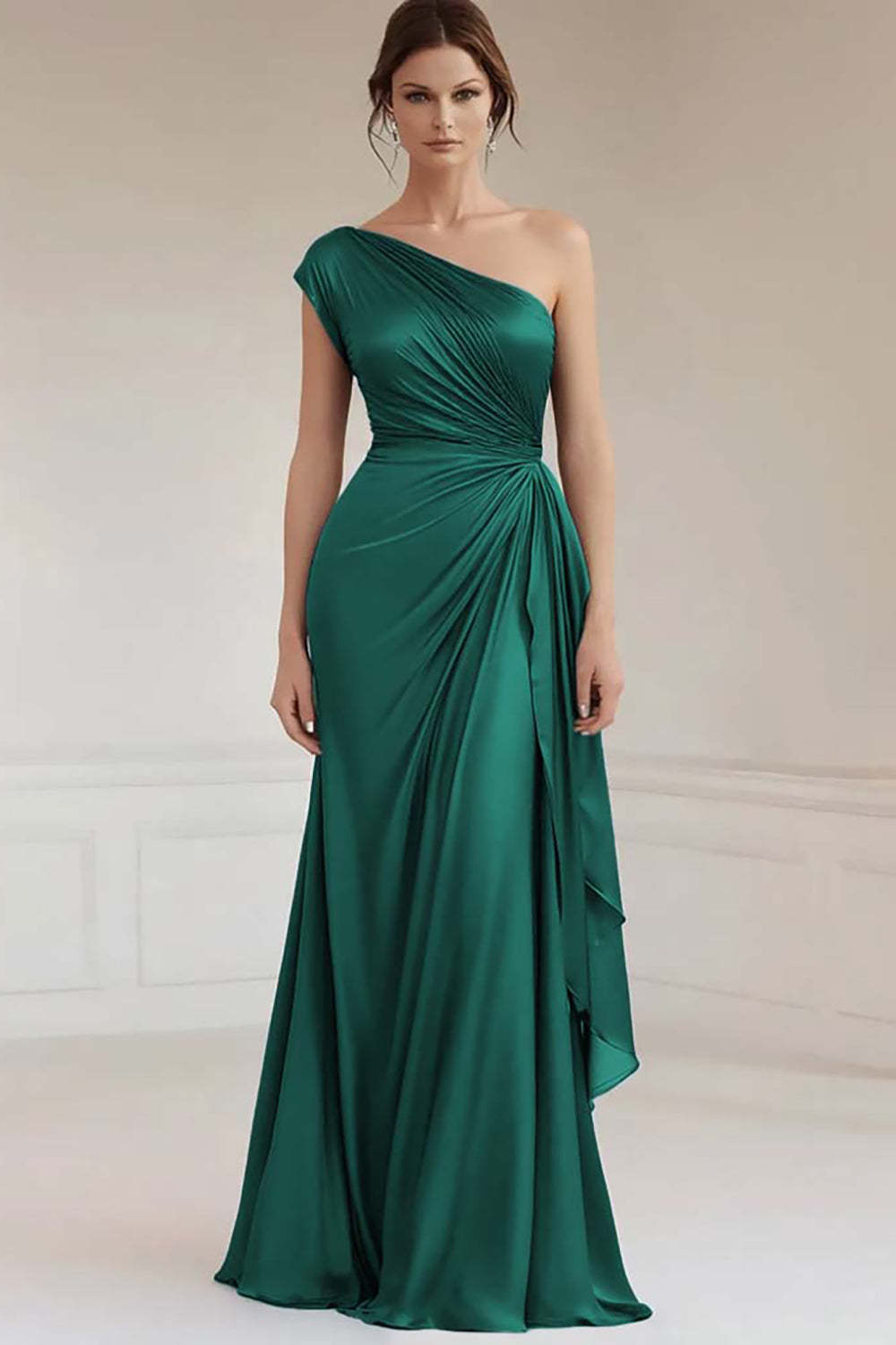Grey Blue One Shoulder Sheath Maxi Formal Dress with Ruffles