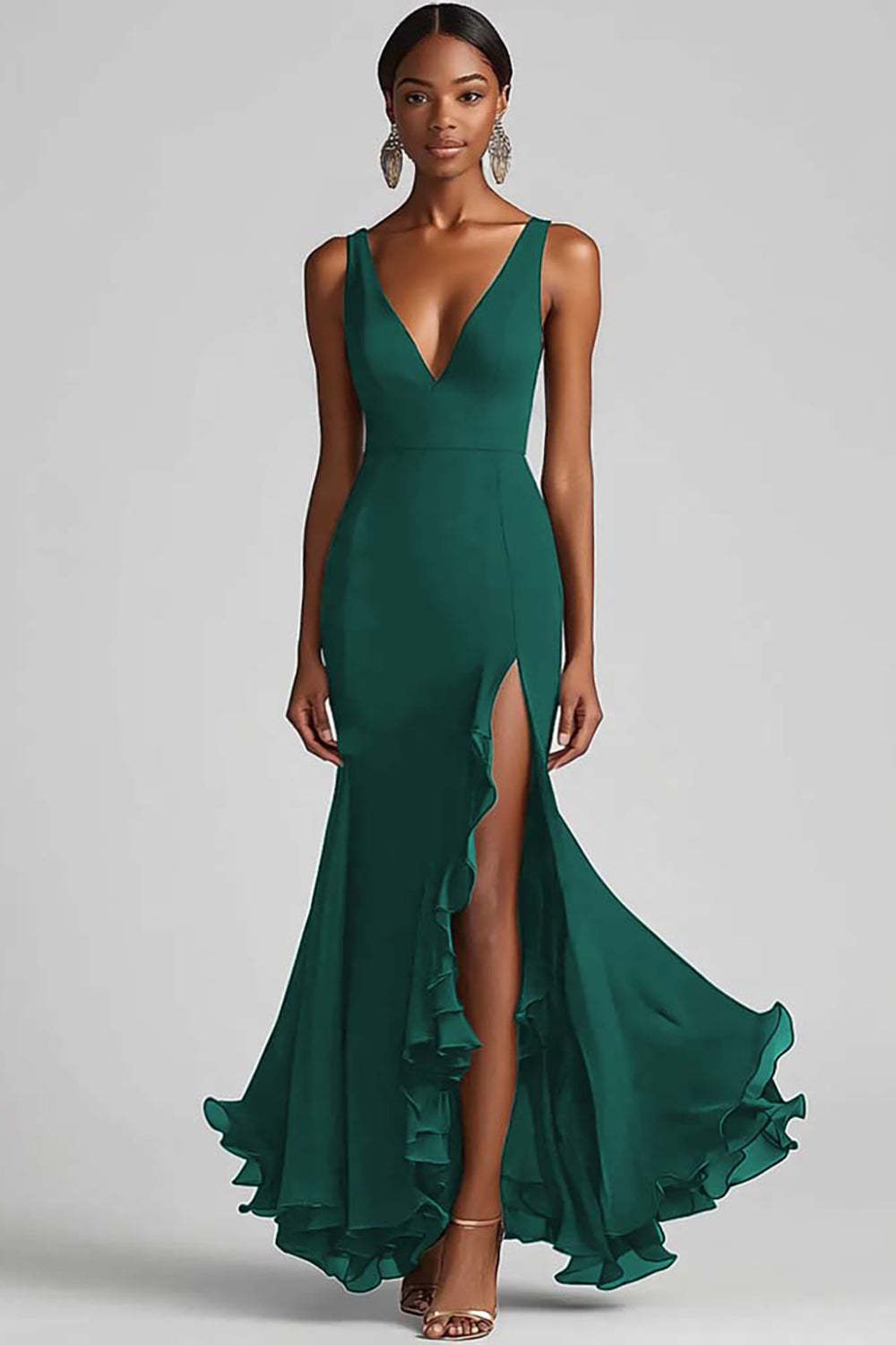 Black Chiffon Mermaid V Neck Maxi Formal Dress with Slit