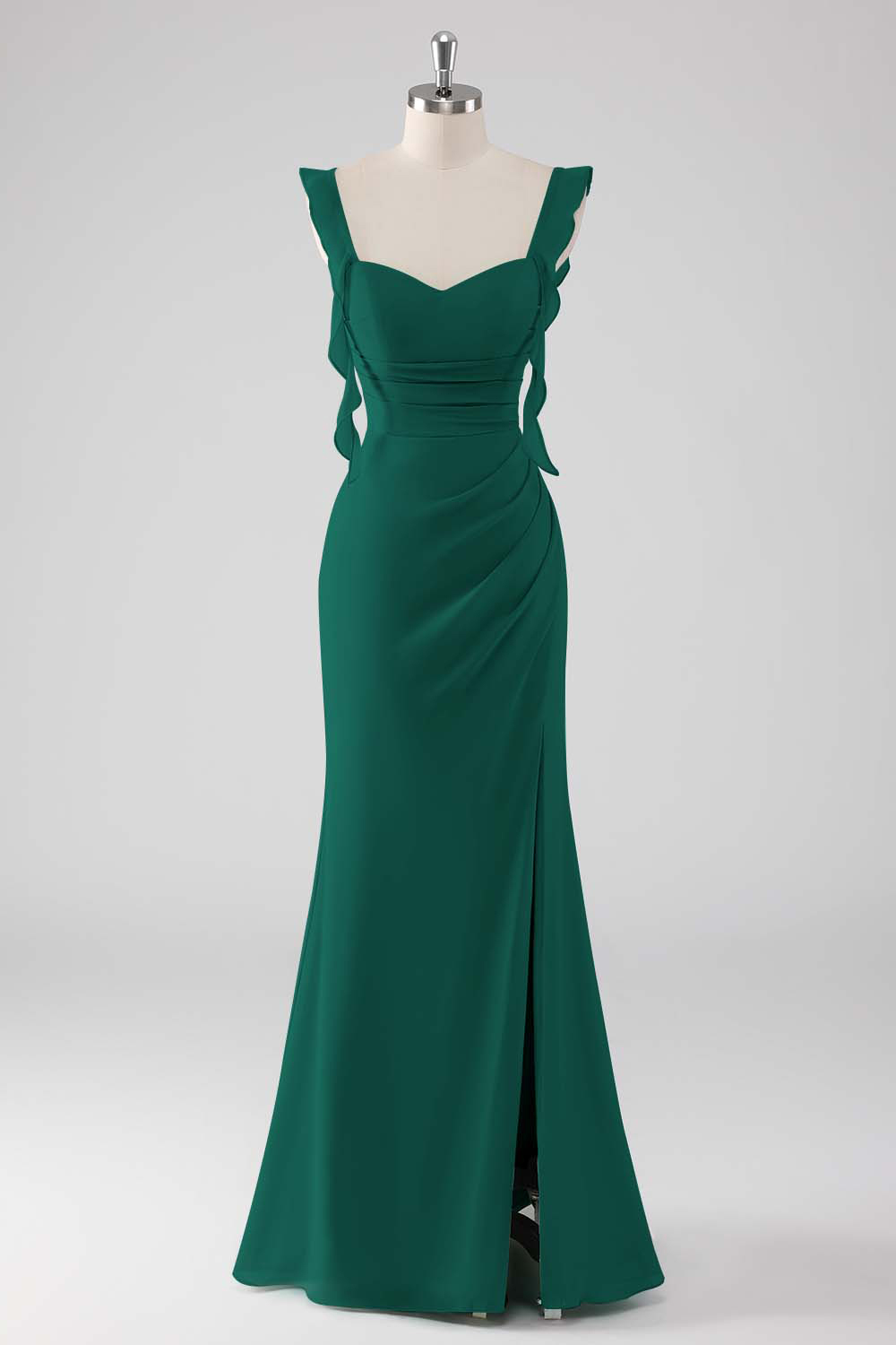 Sage Green Ruffled Sheath Long Bridesmaid Dress with Slit