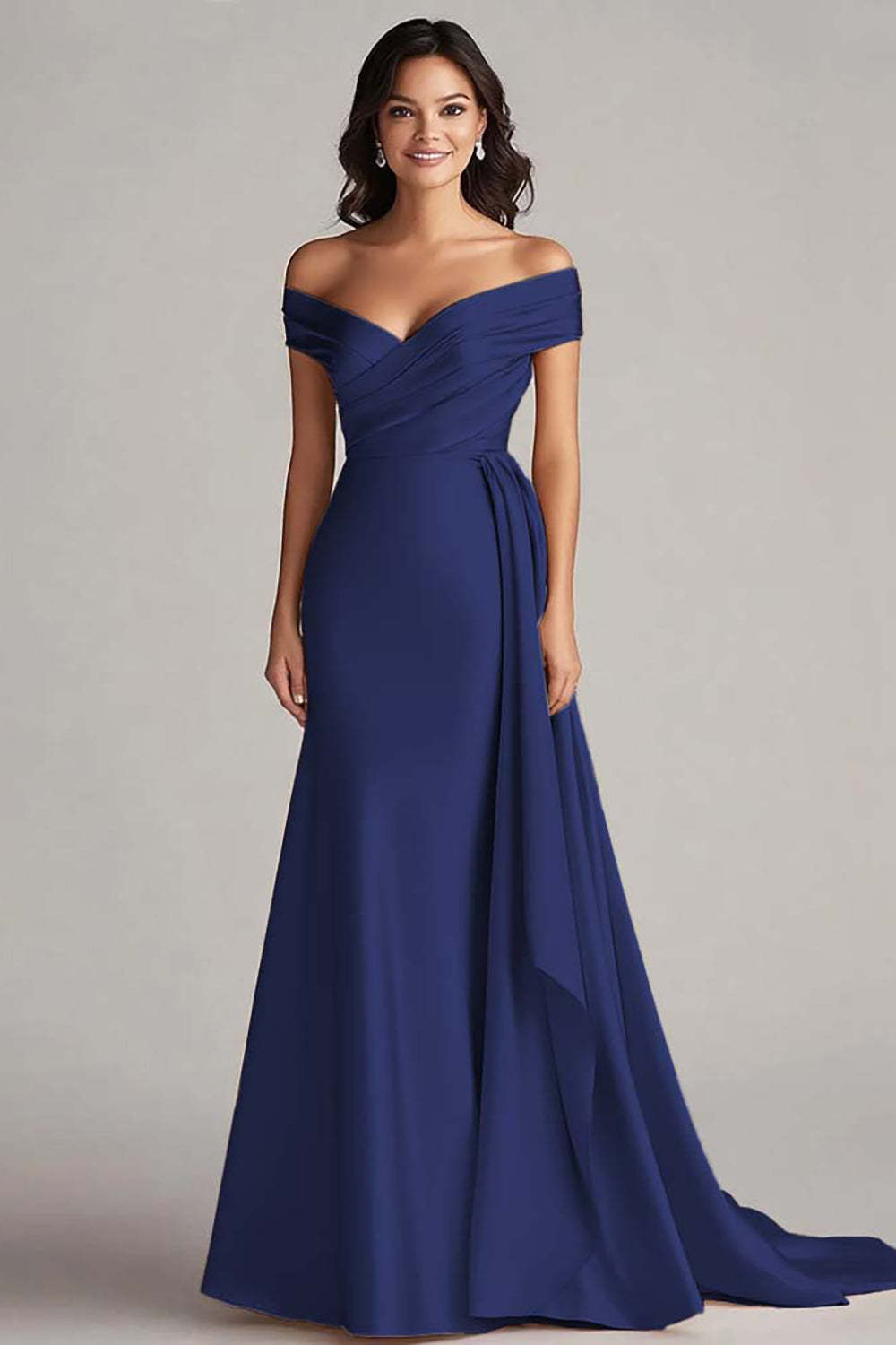 Champagne Off the Shoulder Mermaid Satin Maxi Formal Dress with Drape