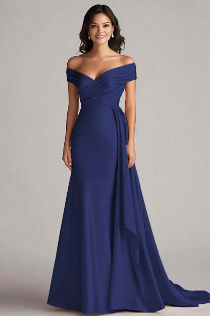Champagne Off the Shoulder Mermaid Satin Maxi Formal Dress with Drape