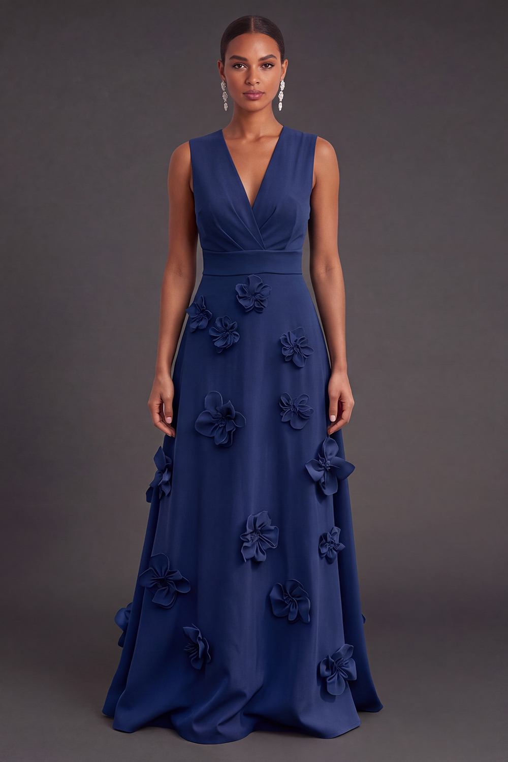 Leely Women Dark Navy Floral Long Black Tie Dress Ruched A Line V-Neck Fall Wedding Guest Dress