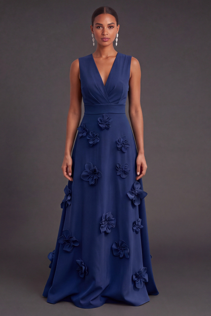 Leely Women Dark Navy Floral Long Black Tie Dress Ruched A Line V-Neck Fall Wedding Guest Dress