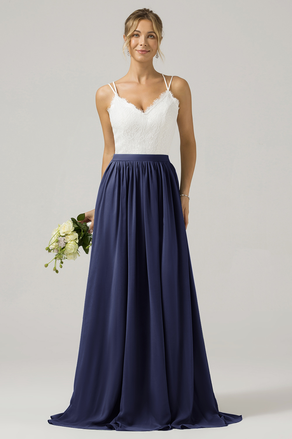 Eucalyptus A-Line Spaghetti Straps Pleated Long Bridesmaid Dress With Lace