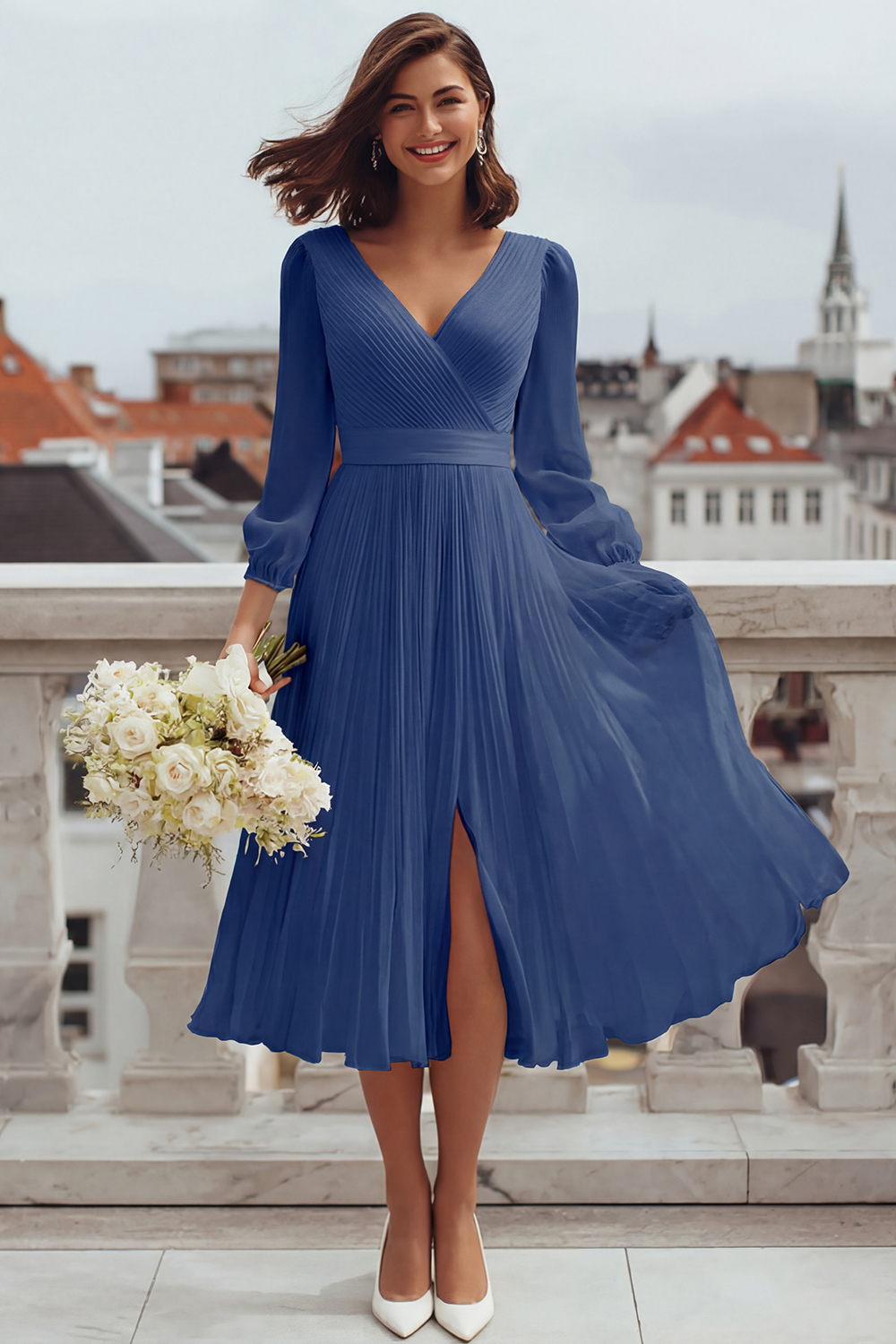 Ivory V-Neck A Line Midi Engagement Dress with Slit