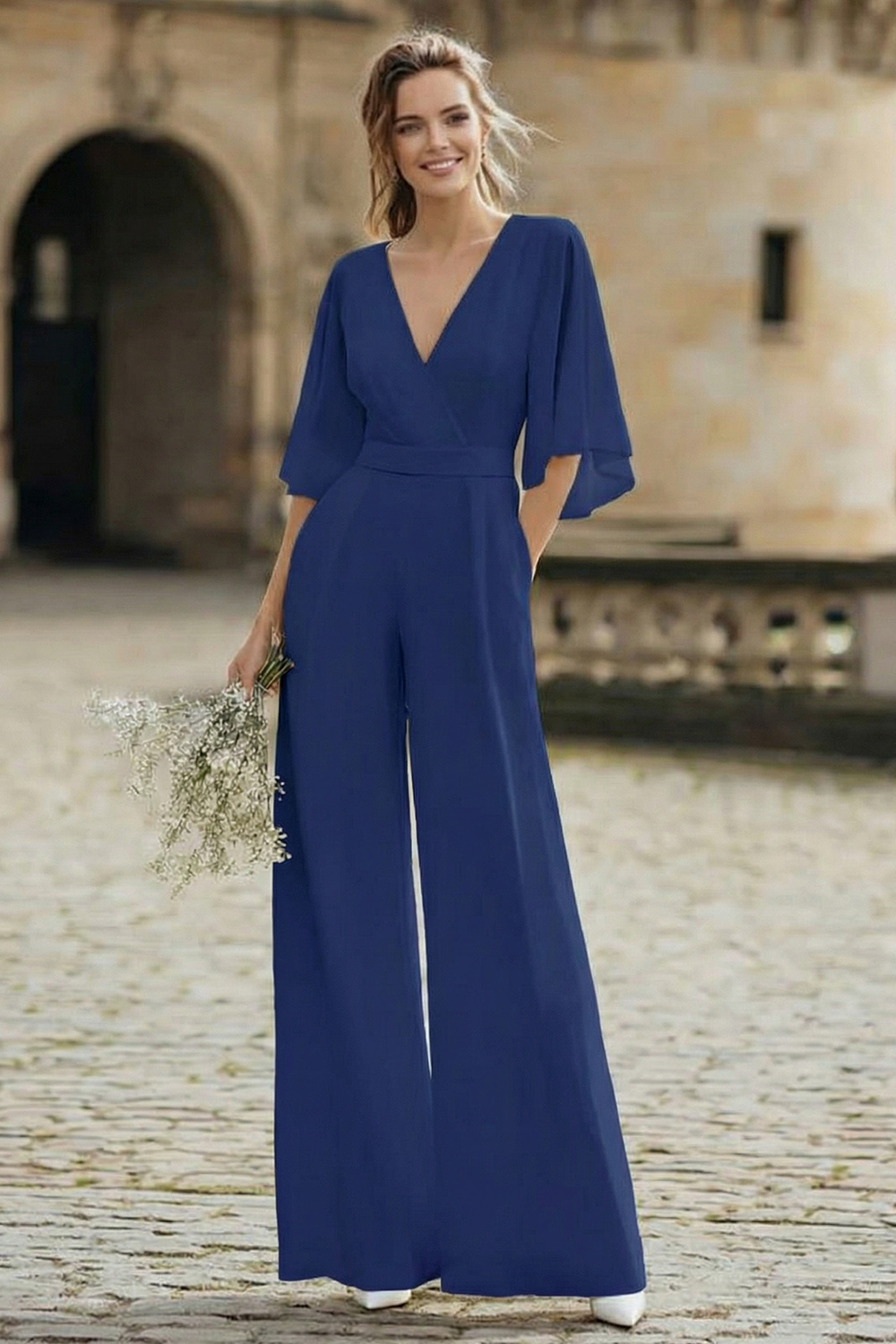 Ivory V-Neck Half Sleeves Wedding Jumpsuits with Pockets