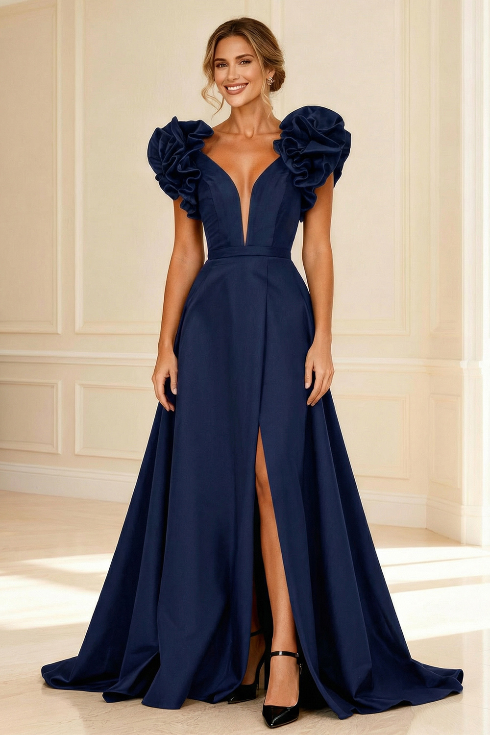 Black Deep V-Neck Ruffled Long Mother of the Bride Dress with Slit